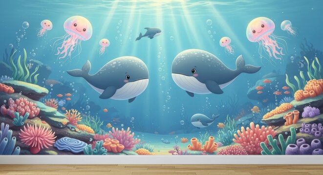 Colorful Underwater Scene Featuring Whales, Jellyfish, and Vibrant Coral Reef