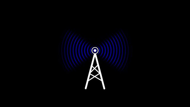 Radio station signal tower icon 4k animation. Digital Radio wave circle background.