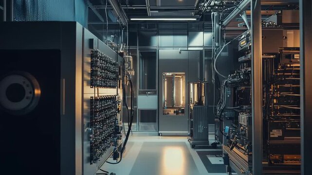 Modern data center complex corridor featuring rows of server racks, flashing lights, and intricate network cables, symbolizing advanced computing, global data, and high tech information systems