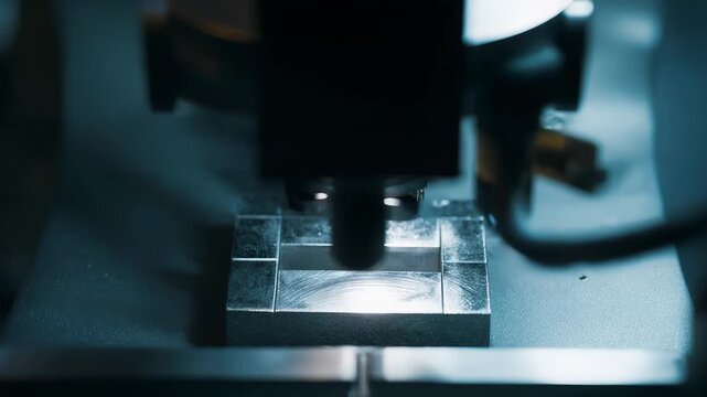 Laser engraving machine creating precise designs on a metal workpiece, representing modern technology and automated manufacturing processes in an industrial environment