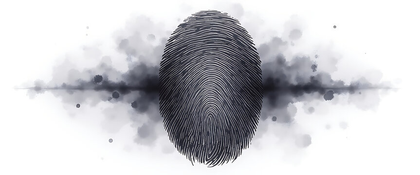 Single fingerprint in dark gray watercolor with atmospheric smoke effect.