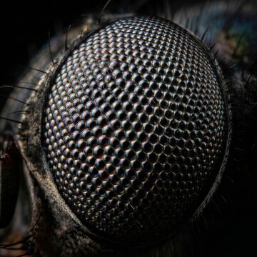 Macro shot of fly compound eye with hexagonal ommatidia pattern