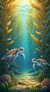 Vibrant Underwater Scene with Curious Sea Turtles Swimming Among Seaweed and Coral Reef