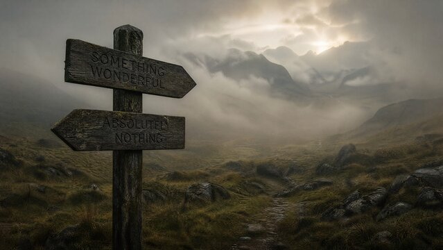 Foggy landscape with a misleading signpost in atmospheric mist, mysterious ambiance.
