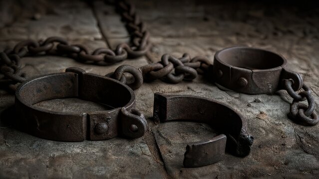 Rusted iron chains and broken manacles on a stone floor in dim light.
