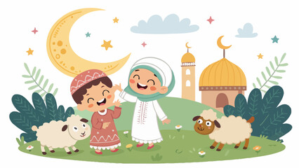 Obraz premium Happy muslim children celebrating eid aladha with sheep