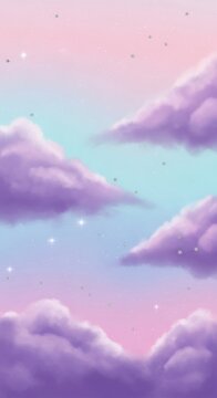 Dreamy pastel sky with fluffy clouds, twinkling stars, and a calming gradient of pink, purple, and blue hues in a peaceful, celestial scene