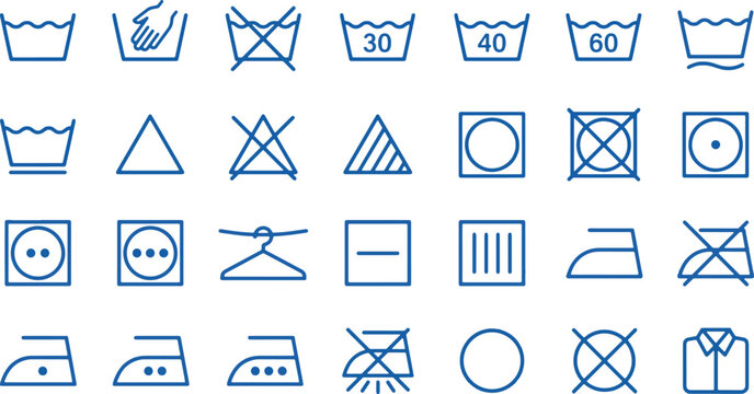 Laundry Care Symbols and Fabric Washing Instruction Blue Line Icons Set