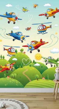 Playful Cartoon Airplanes in a Bright Sky Over a Green Hills Landscape for Kids Room Decor