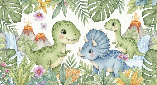 Adorable Cartoon Dinosaur Scene with Volcanoes and Jungle Plants for Kids Illustration