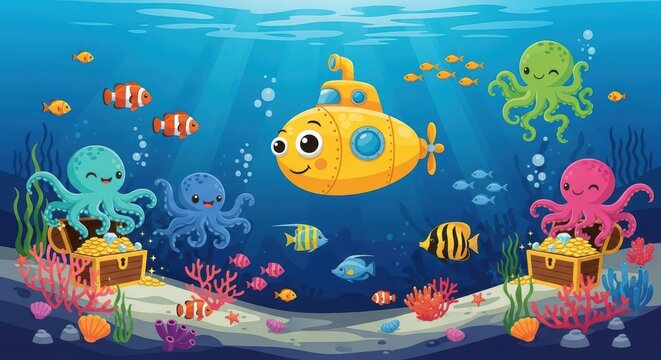 Colorful Underwater Scene with Submarine and Various Ocean Creatures for Kids