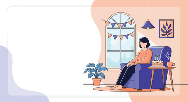Person celebrating birthday alone at home in a cozy living room with a cake and festive decorations for a quiet party.