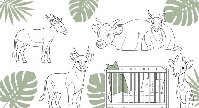 Line Art Illustration of Various Animal Enclosures and Wildlife with Leaf Decorations