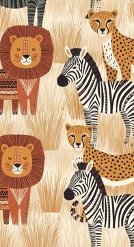 Colorful Illustrated Safari Scene with Lions, Zebras, and Cheetahs in Tall Grass