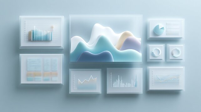 Cluster of blue bar pie and line chart panels data analytics das