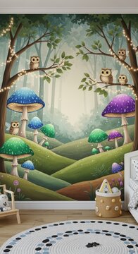 Whimsical Forest Scene Wall Mural with Owls Mushrooms and Lush Greenery