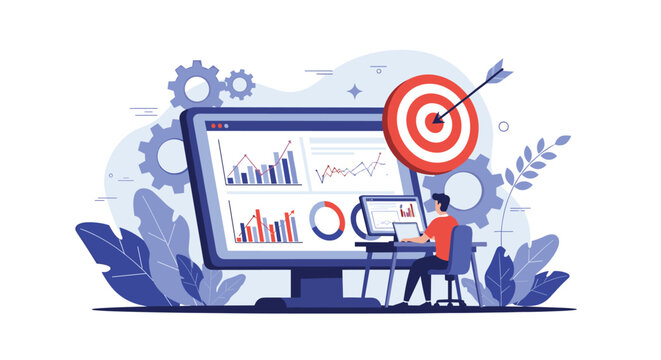 Professional data analyst working at a computer with business growth charts and a red bullseye target symbol for success goals.