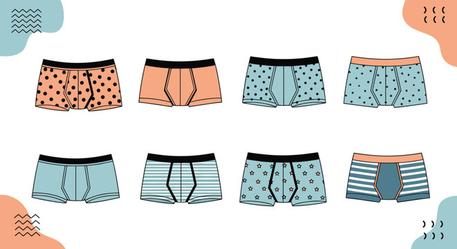 Set of eight colorful men's boxer briefs with various patterns including polka dots, stripes, and stars on a decorative background.