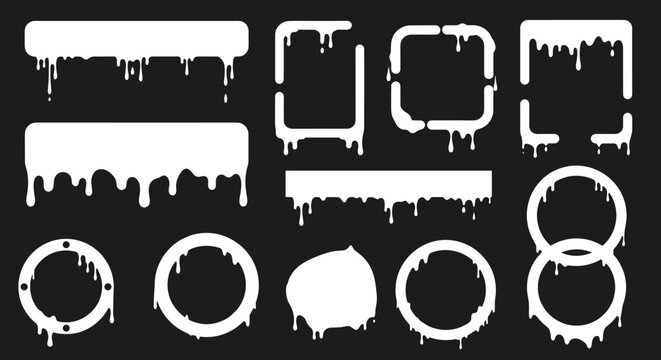 Collection of white paint dripping frames in various shapes including rectangles and circles isolated against a black background.