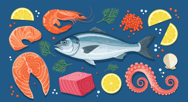 Fresh seafood assortment including a whole fish, salmon steaks, shrimp, octopus tentacles, caviar, and scallops with lemon slices.