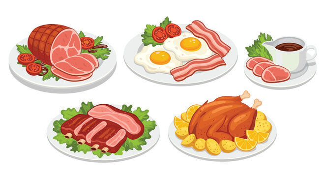 Assorted delicious meat dishes including sliced ham, fried eggs with bacon, barbecue ribs, and a whole roasted chicken with potatoes.