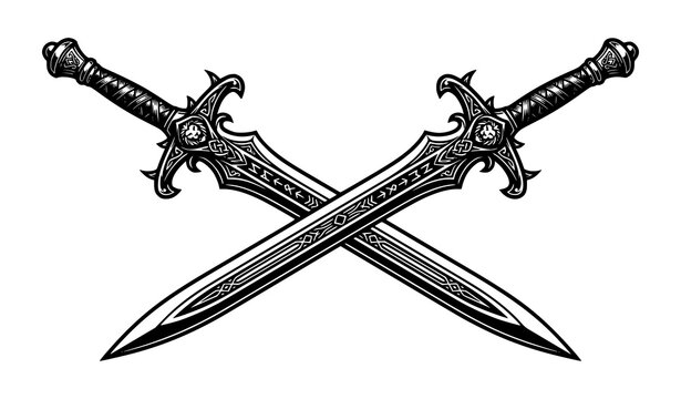 Fantasy crossed swords sharp blades monochrome vector illustration