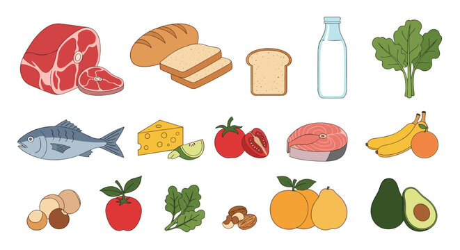 Comprehensive collection of nutritious food items including fresh meat, bread, milk, fish, cheese, fruits, vegetables, and nuts on white.