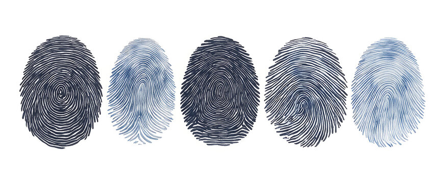 Five different fingerprints in dark blue and black watercolor style.