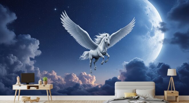 Fantasy Pegasus Flying Through Night Sky with Full Moon and Clouds Wall Mural