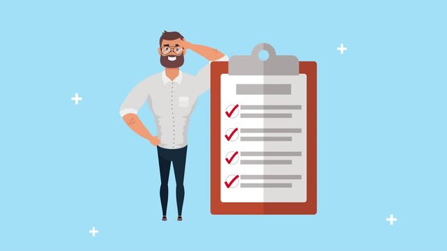 Man standing by clipboard with completed checklist, dynamic footage showing successful task completion.