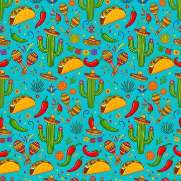 Seamless Mexican Fiesta Pattern with Tacos, Cactus and Maracas
