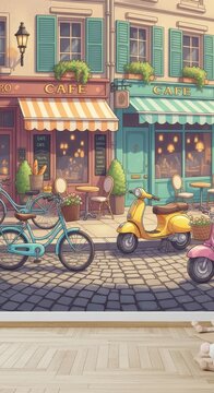 Charming European-style cafe storefront with outdoor seating, bicycles, and scooters on cobblestone street