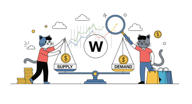 Two anthropomorphic cats balance global supply and demand on a large scale using coins and shopping bags in a market environment.