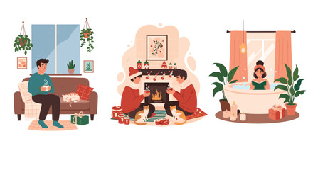 Fototapeta premium Relaxing winter lifestyle scenes feature a man with coffee, a couple by a fireplace, and a woman reading a book in a bubble bath.