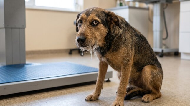 Dog. Sick animal in the clinic with foam at the mouth and profuse hypersalivation, clinical signs of rabies.