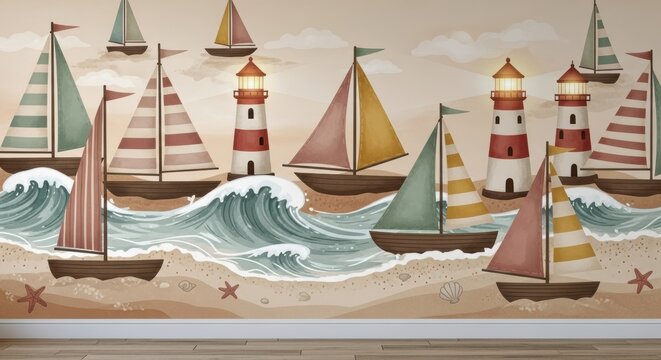 Coastal scene with sailboats and lighthouses along sandy shoreline under cloudy sky