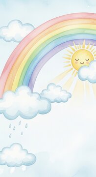 Cheerful Sun with Rainbow Clouds and Raindrops in Dreamy Sky Scene