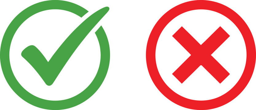 Green check mark and red cross sign icons for true and false choice or correct and incorrect decision symbols Vector