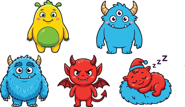 Cute Cartoon Monster Collection with Funny Fantasy Creature Characters Vector Illustration Set