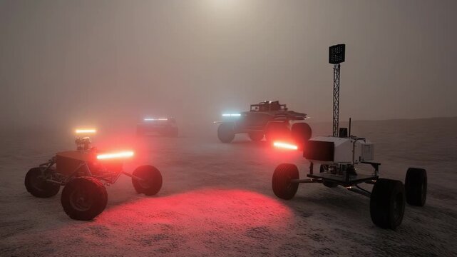 Robotic rovers with illuminating lights are navigating a desolate, dusty terrain with limited visibility, conducting advanced scientific exploration and research on a distant planet in deep space