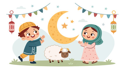 Obraz premium Happy children celebrating eid aladha with a cute sheep