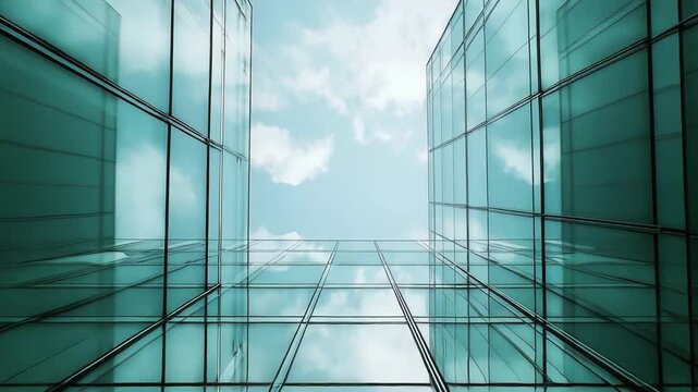 Looking up at a contemporary skyscraper facade, its glass panels reflecting a tranquil blue sky with soft white clouds, symbolizing urban development and corporate success