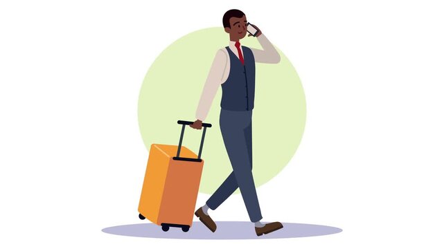 Business traveler walking with suitcase while talking on smartphone in motion animation.