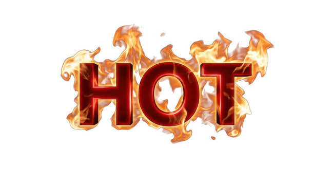 Dynamic bold red hot text with flames on a dark background fiery lettering emphasizing heat intensity and energy perfect for attention grabbing advertising and promotional designs