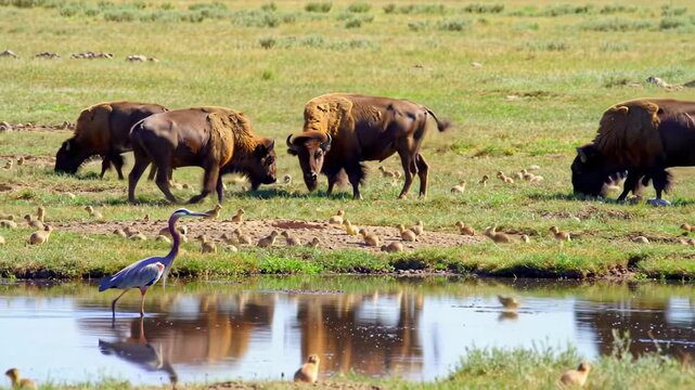 Bison, birds, and a heron coexist near a pond in a grassy field