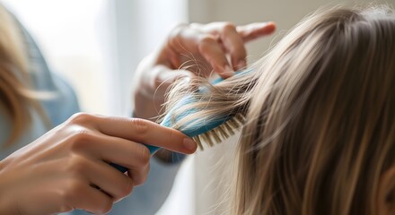 Fototapeta premium Close Up Parent Gently Brushing Child Hair Indoors With Soft Natural Light and Caring Family Atmosphere