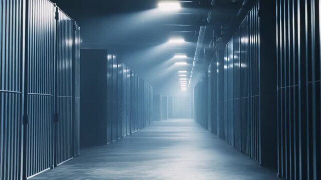 Empty long dark warehouse corridor with rows of storage units extending into the distance, illuminated by glowing overhead lights piercing through a subtle blue fog