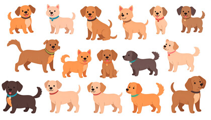 Fototapeta premium Set of cute dogs in flat style featuring various playful canine characters designed for children books and creative nursery decor generative AI