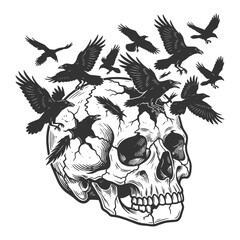 Naklejka premium cracked skull with ravens flying out, symbolizing death, dark thoughts, and release sketch engraving generative ai fictional character vector illustration. Scratch board imitation. Black and white.