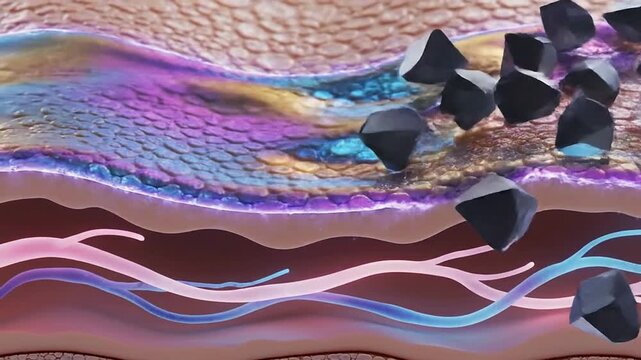Intricate Cross-Sectional View of Human Skin Showcasing Multi-Colored Layers and Black Crystals for a Unique Blend of Science and Beauty